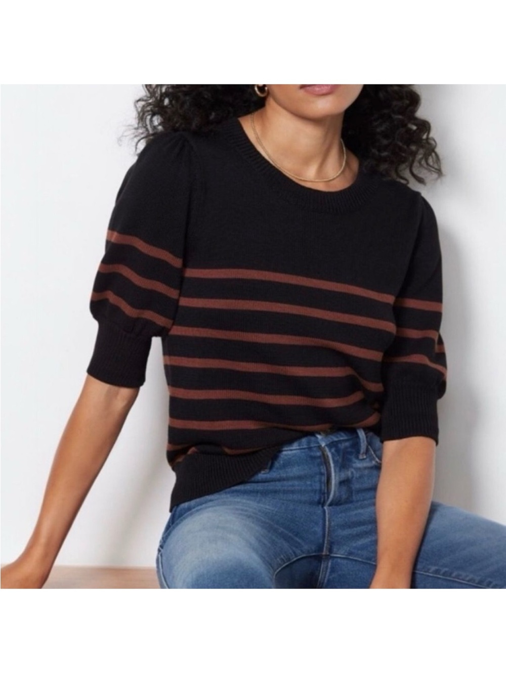 Evereve Black and Brown Striped Puff Sleeve Crew Sweater